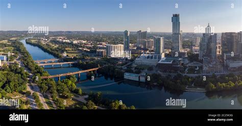 Aerial Panorama Of Lamar Bridge And The Downtown Austin Buildings Stock