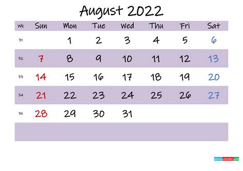 August 2022 Calendar With Holidays Printable Best Calendar Example
