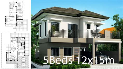 Small house map design samples includes different plan and layouts of home floor plans and shows the front elevation of various floor levels. House design 12x15m with 5 bedrooms - House Plan Map