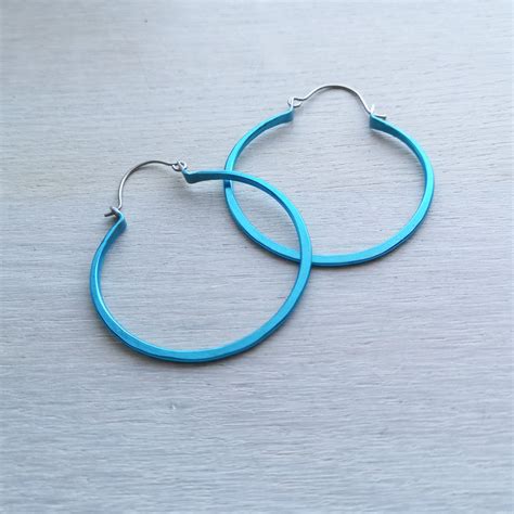 Turquoise Blue Hoop Earrings Titanium Earwires Medium Boho Rustic