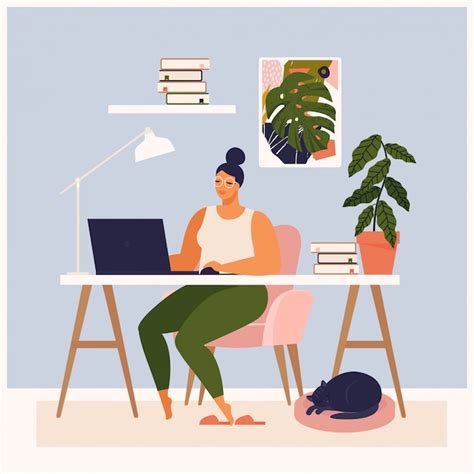 Premium Vector Woman Working At Her Desk At Home She Has A Lot Of