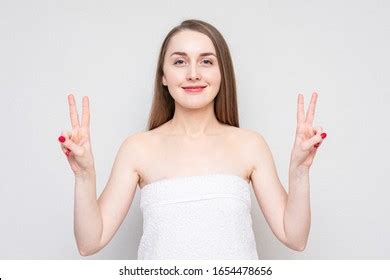Naked Girl Towel Shows Gesture Peace Stock Photo Shutterstock