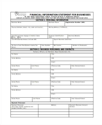 sample business financial statement forms   ms word