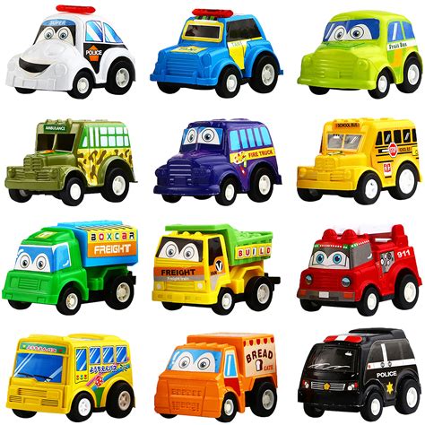 Funcorn Toys Pull Back Car 12 Pack Assorted Mini Plastic Vehicle Set