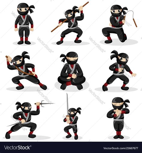 Ninja Kids In Different Poses Royalty Free Vector Image
