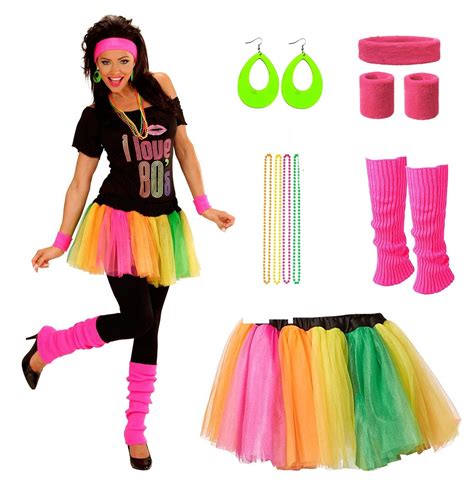 Ladies 80s Costume Set 1980s Party Girl T Shirt Rainbow Skirt Girls