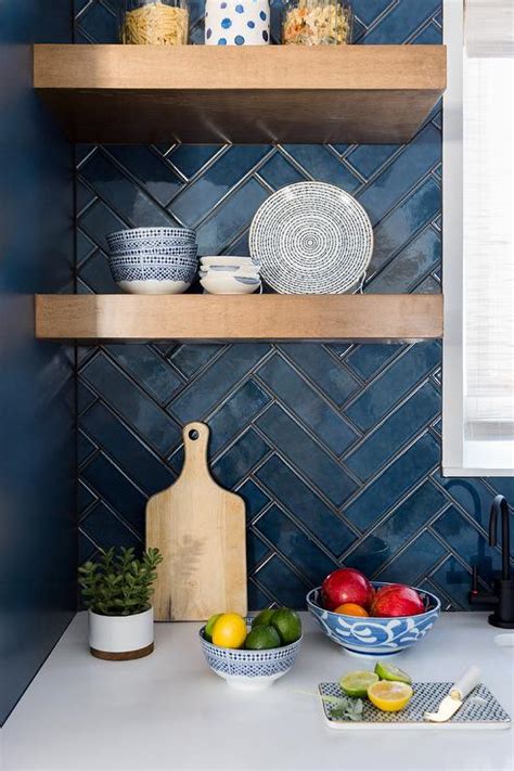 Blue Herringbone Pattern Kitchen Backsplash Tiles Transitional Kitchen