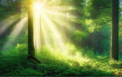 Sunlight Shining Through The Trees Of The Green Forest Stock