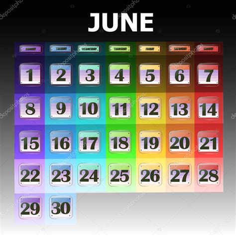Calendario Colorido Para Junio De 2020 En Inglés Conjunto De Botones