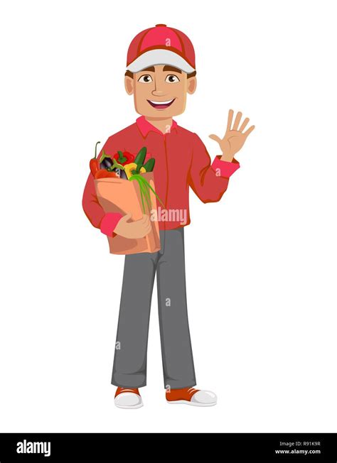 Courier Man In Red Uniform Handsome Delivery Man Cartoon Character