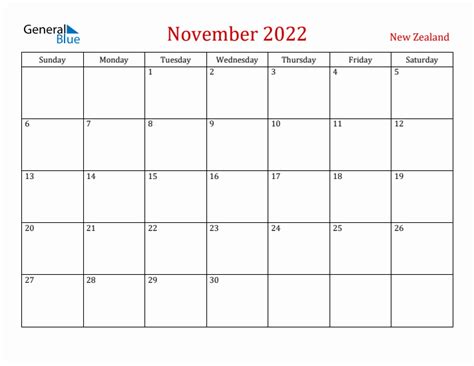 November 2022 New Zealand Monthly Calendar With Holidays