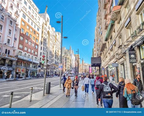 People Walking In The Gran Via Avenue Madrid Spain Editorial Image