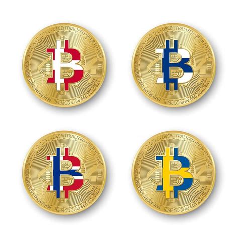 Granspassage norge finland danmark och sverige. fyra gyllene bitcoin-mynt med flaggor av danmark finland ...