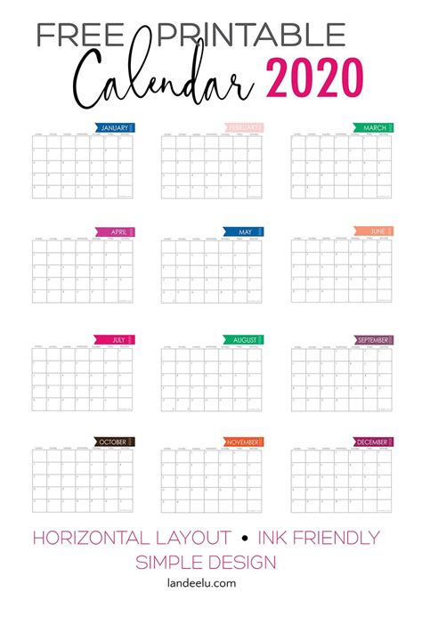 Calendar Template 2020 Printable Free Free Printable 2020 Yearly