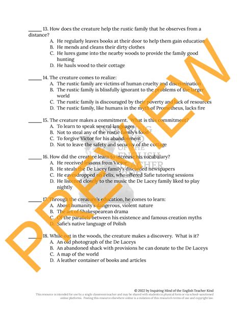 Frankenstein Test And Answer Key Made By Teachers