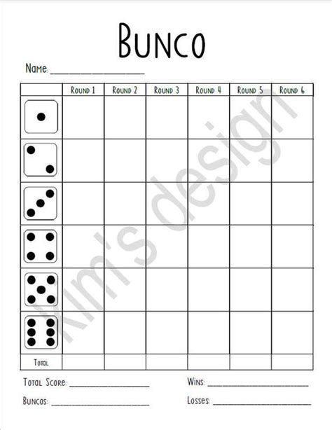 Bunco Score Card Printable Instant Download