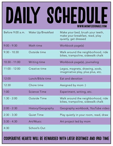 Daily Schedule Daily Schedule Homeschool Writing Math Time