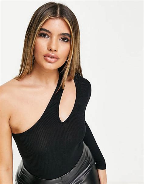 Asos Design One Sleeve Bodysuit With Cut Out Shoulder In Black Asos