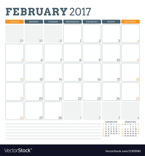 Calendar Planner Template For February 2017 Week Vector Image