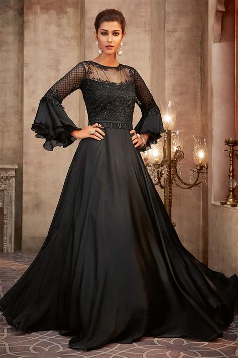 Buy Beautiful Black Silk Georgette Evening Gown With Net Dupatta Online