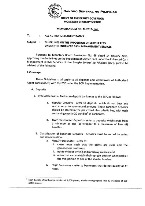 Bsp Memorandum No M 2015 006 Guidelines On The Imposition Of Service Fees Under The Enhanced