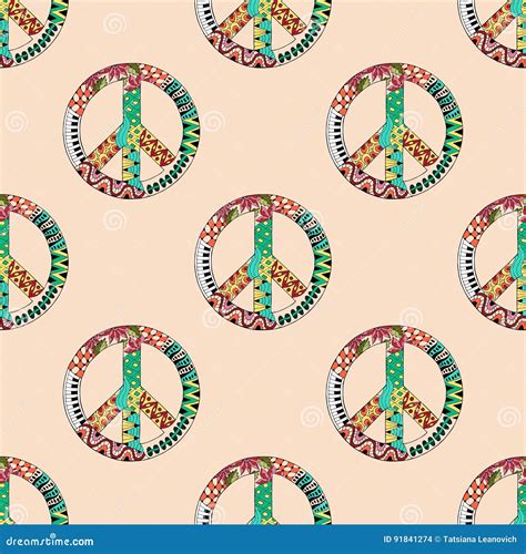 Seamless Pattern With Colorful Hippie Peace Symbol In Zentangle Style