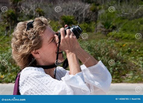 Woman Photographer In Action Stock Image Image Of Shooting Shoulders