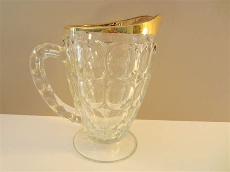 Vintage Thumbprint Glass Pitcher Jeanette Glass Co Gold Rim By