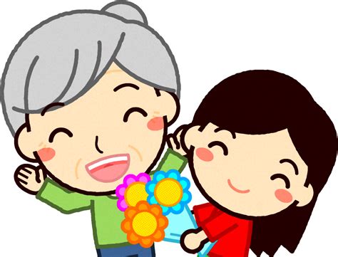 お婆ちゃんに花束をプレゼントする女の子イラスト｜敬老の日｜9月｜季節｜素材のプチッチ