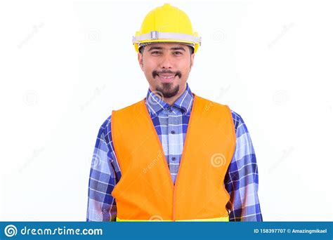 Happy Bearded Persian Man Construction Worker Smiling Stock Image