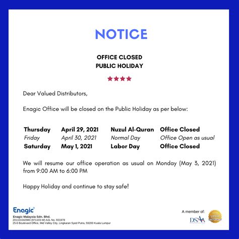 Notice Office Closed Public Holiday Enagic Malaysia Sdn Bhd