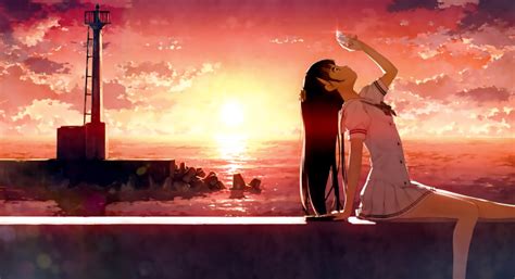Wallpaper Anime Girl Scenic Sunset School Uniform Ocean Sky