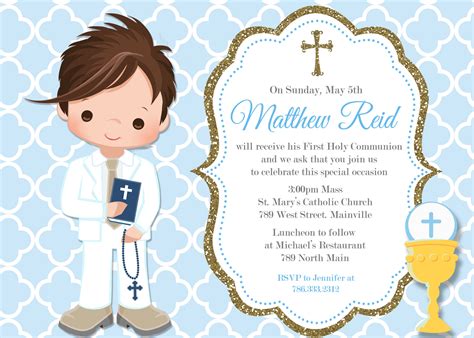 First Communion Invitation Boy Blue Gold Any Hair Color Etsy