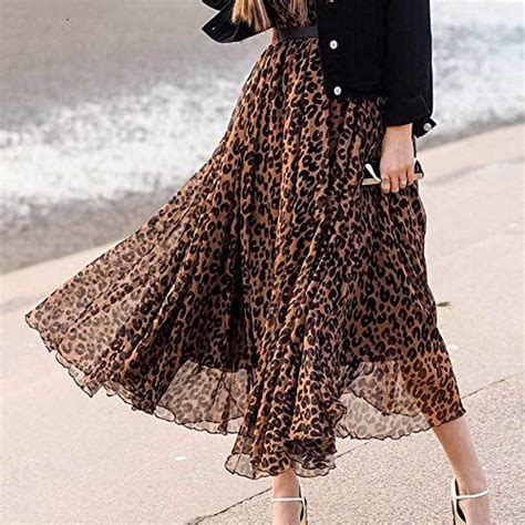 Lvow Womens Elastic Brown Leopard Print Watercolor Maxi Casual Skirt