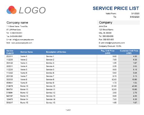 Free Price List Design Template Excel Printable Templates