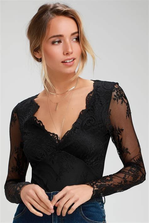 All About That Lace Black Lace Long Sleeve Bodysuit Lace Top Long