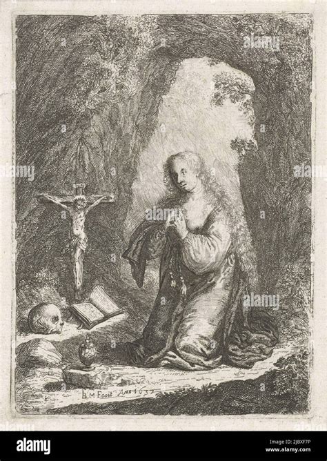 the penitent mary magdalene kneeling on the ground near a crucifix an opened book and a skull