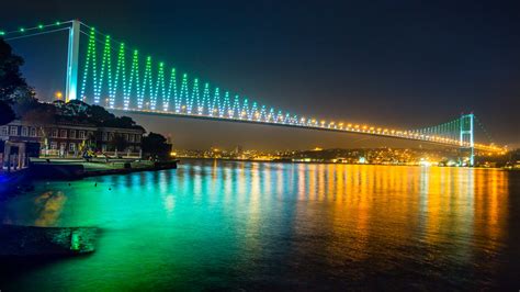 Картинки Bosphorus Bridge Istanbul Turkey Night Lights Buildings