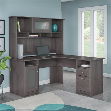 Place your laptop, office supplies or important papers on the on the smooth glass top. Amazon.com: Bush Furniture Cabot L Shaped Desk with Hutch ...