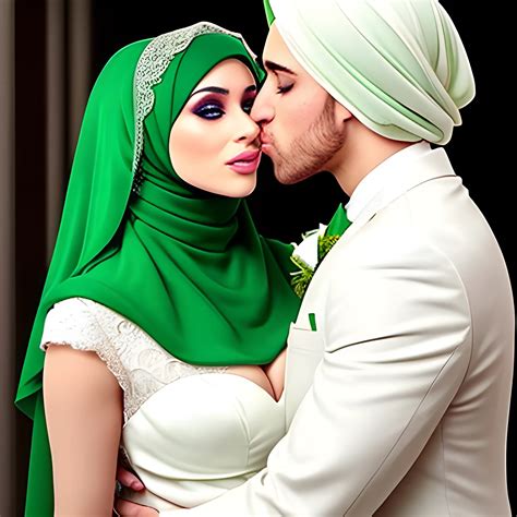 Sexy Hijab Babe With Sexy Bridal Dress And Green Eyes Kissing H Arthub Ai