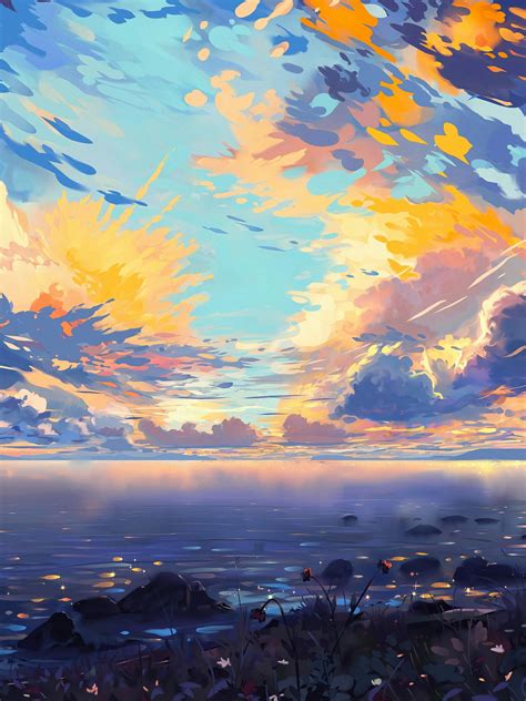 Download 1536x2048 Anime Landscape Sea Ships Colorful