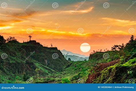 Beautiful Nature Landscape Of Mountain Range With Sunset Sky And Clouds