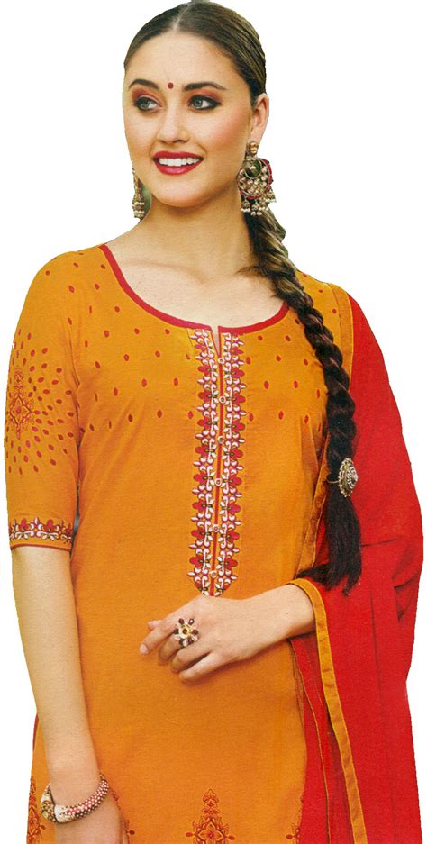 marigold and red patiala salwar kameez suit with embroidered flowers and booties exotic india art