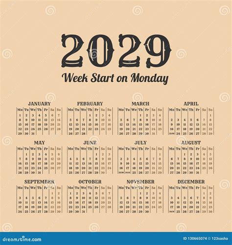2029 Year Vintage Calendar Weeks Start On Monday Stock Vector
