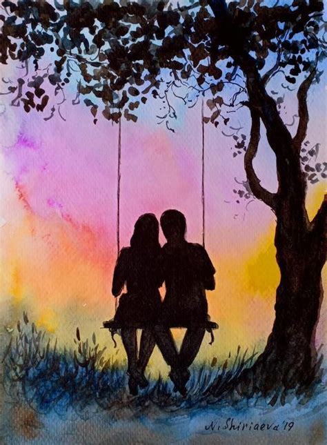 Aceo Watercolor Couple Original Painting Small Mini Art Swinging Love