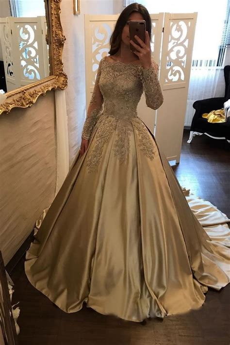 Satin Ball Gown Gold Long Sleeves Scoop Lace Appliques Beads Floor Length Prom Dresses Uk PM