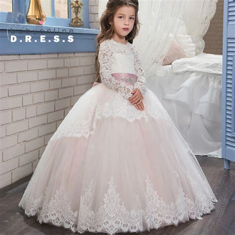 White Ivory Long Sleeve Lace Flower Girl Dresses 2017 Floor Length Kids