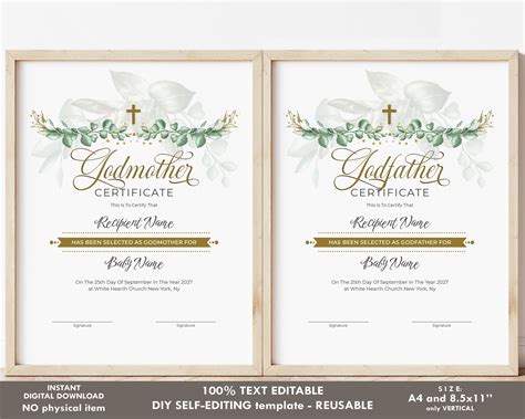 Editable Godmother And Godfather T Certificate Template Etsy T