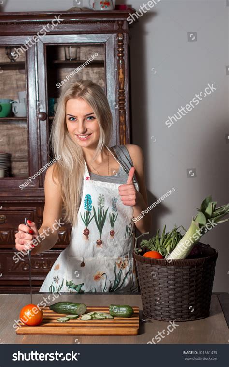 Beautiful Girl Kitchen Wearing Apron Cuts Stock Photo 401561473