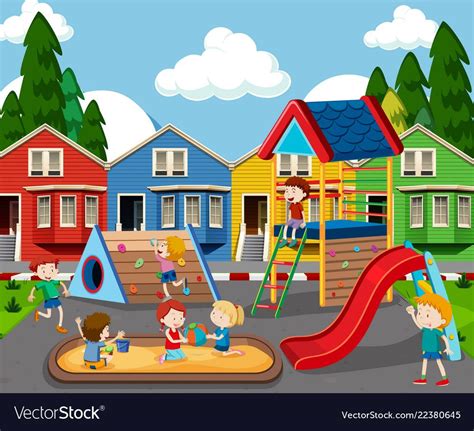 Children In Colorful Playground Vector Image On Dengan Gambar Gambar